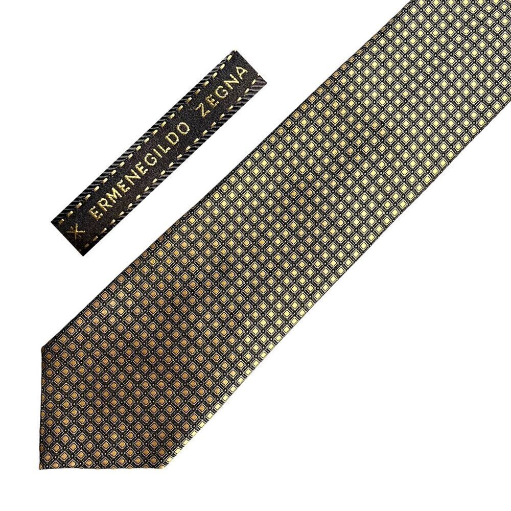 ERMENEGILDO ZEGNA Gold and‎ Black Jacquard Printed Silk Tie Made In Italy